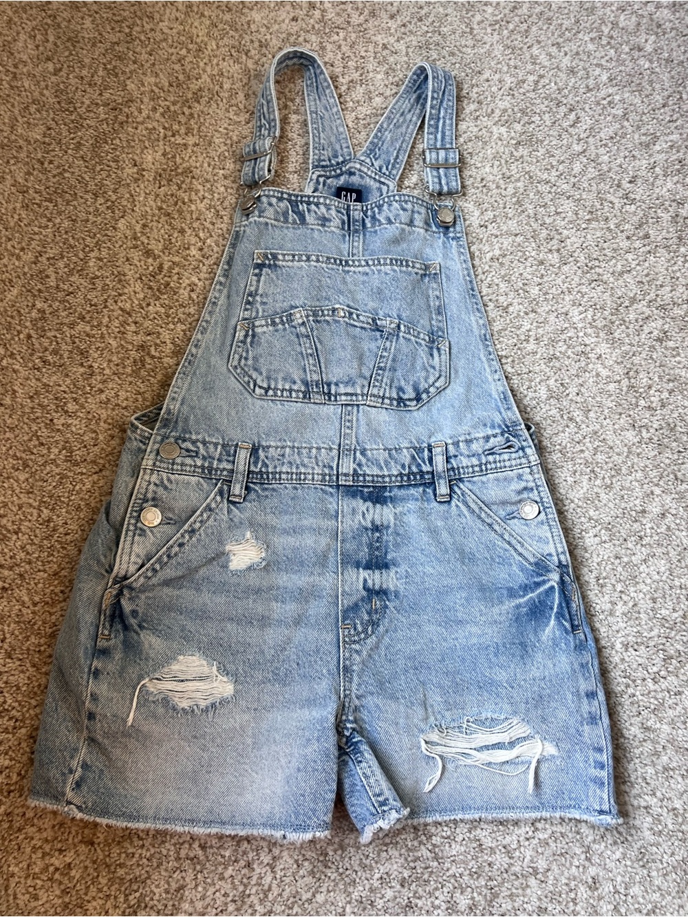 GAP Light Blue Distressed Denim Short Overalls